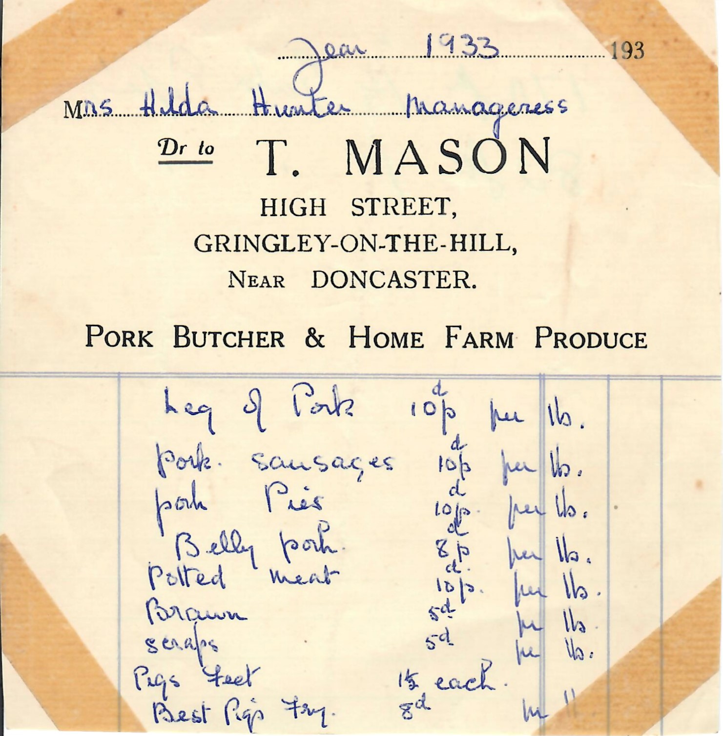 Masons invoice for meat 1933