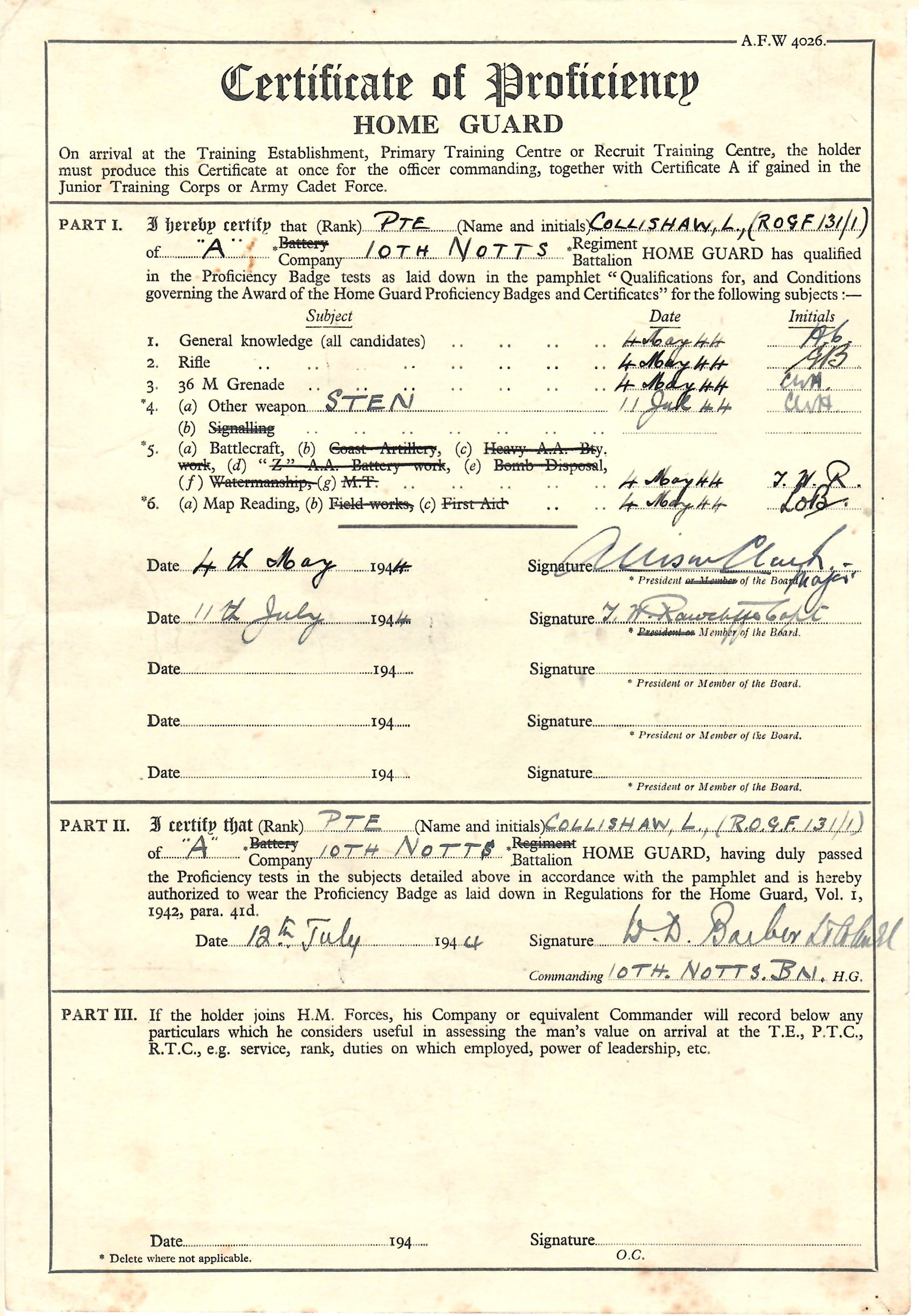 Home Guard Proficiency Cert Collishaw page 1 RESIZE